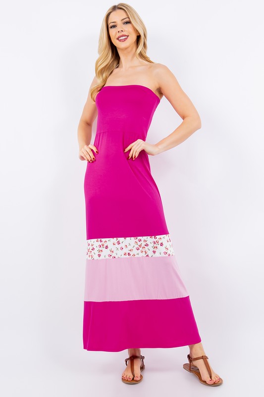 Celeste Full Size Color Block Tube Maxi Dress Plus Size Deep Rose