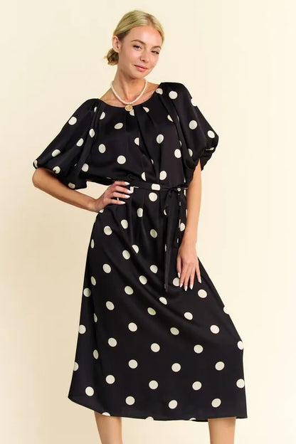 Davi & Dani Polka Dot Puff Sleeves Waist Tie Midi Dress Black