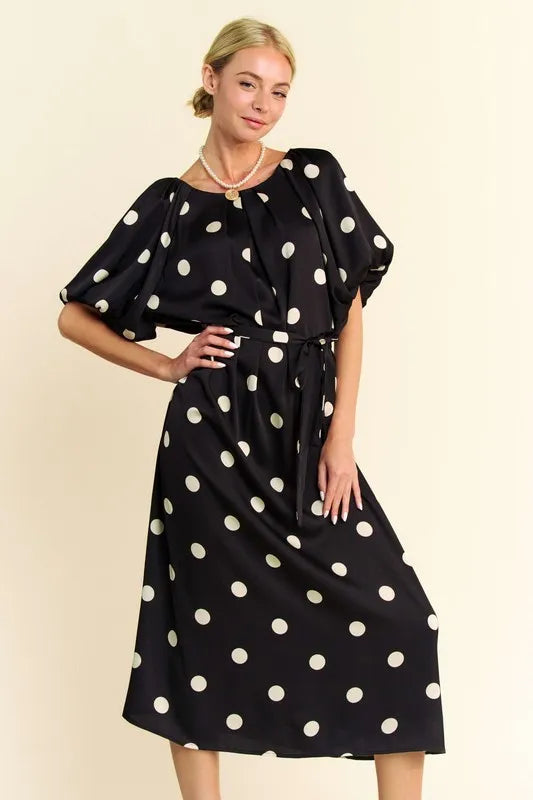 Davi & Dani Polka Dot Puff Sleeves Waist Tie Midi Dress Black