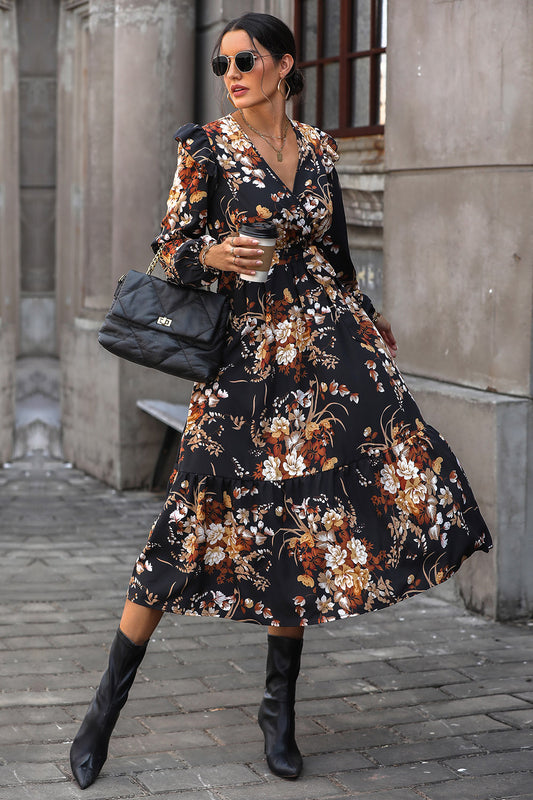 Perfee Floral Surplice Tie Front Ruffle Hem Midi Dress Black