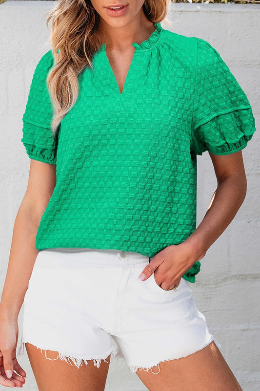 Textured Puff Short Sleeve Notched Top Green