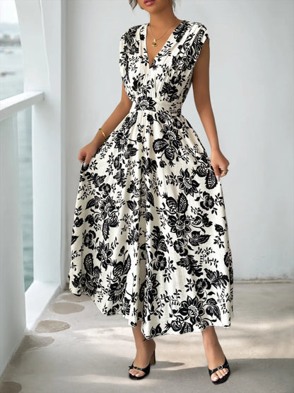 Printed V-Neck Cap Sleeve Dress