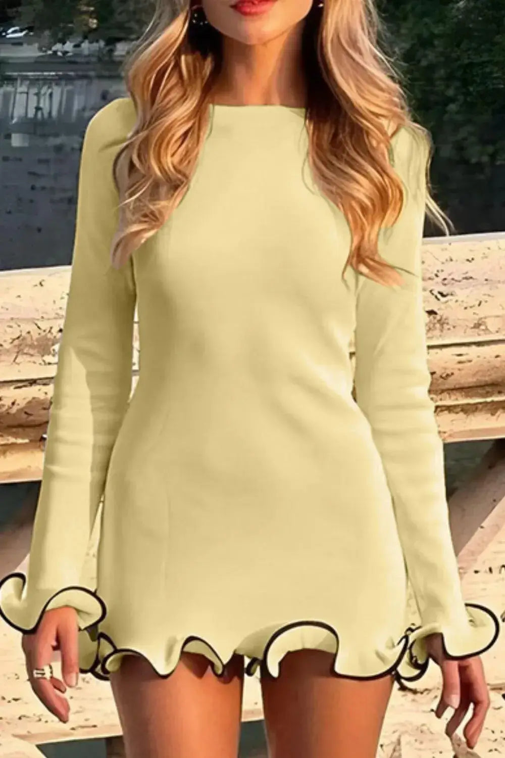 Contrast Trim Long Sleeve Mini Dress Light Yellow