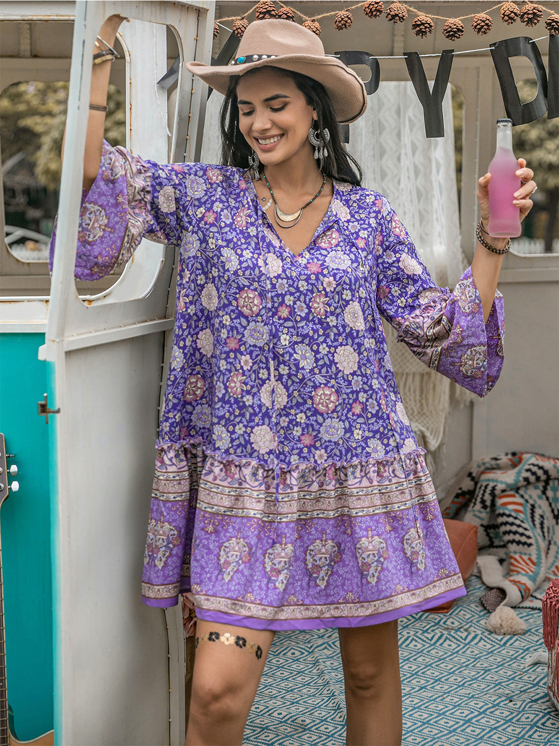 Floral Tie Neck Mini Dress Lavender