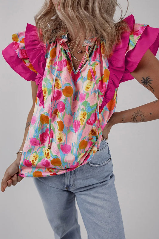 Floral Ruffle Layered Sleeve Blouse Hot Pink