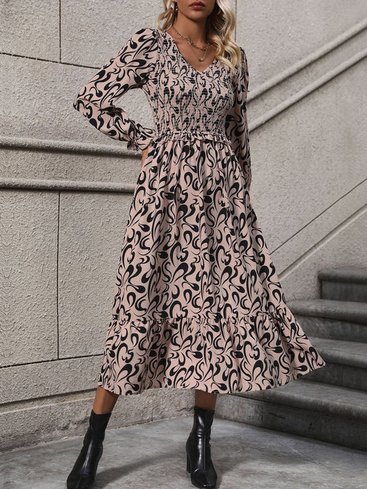 Perfee Printed V-Neck Long Sleeve Midi Dress Khaki