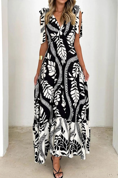 Printed V-Neck Tie Shoulder Midi Cami Dress Black