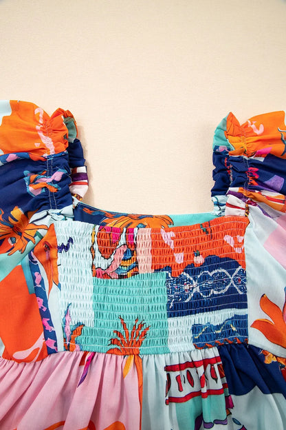 Printed Square Neck Ruffled Short Sleeve Blouse