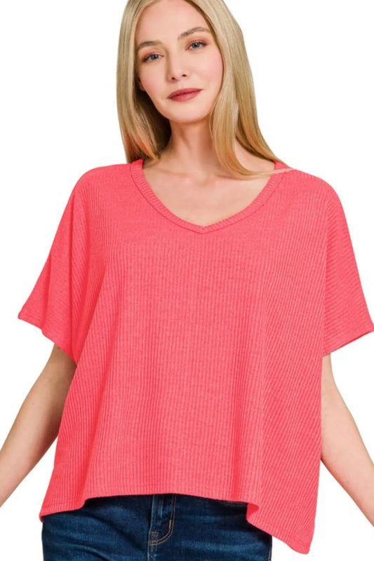 Zenana Ribbed V-Neck Short-Sleeve Knit Top CORAL
