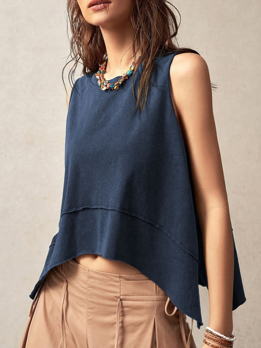 Exposed Seam Side Slit Round Neck Tank Navy