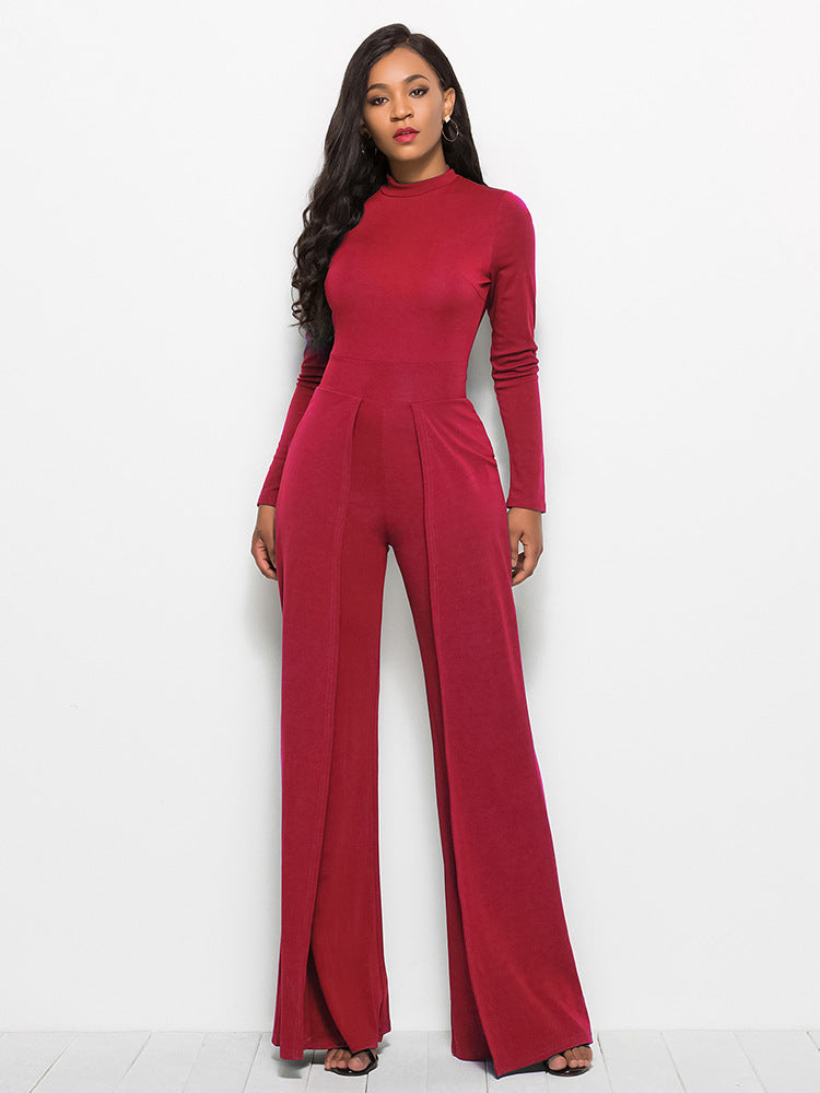 Long Sleeve Mock Neck Wide Leg Jumpsuit Red