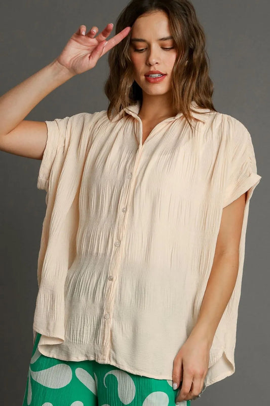 Umgee Full Size Textured Button Down Short Sleeve Shirt Plus Size Tan