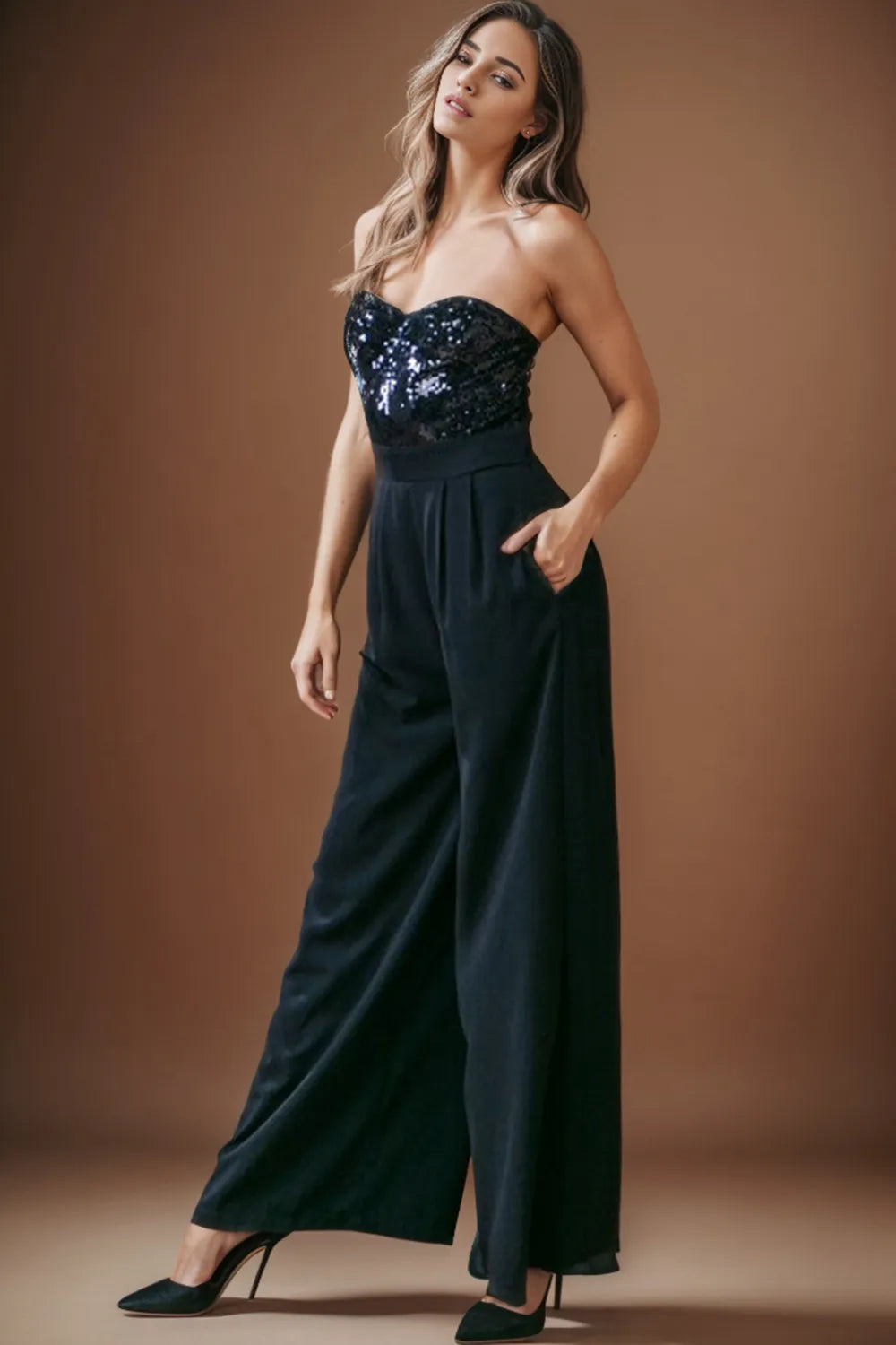 Sequin Tube Wide Leg Jumpsuit Black