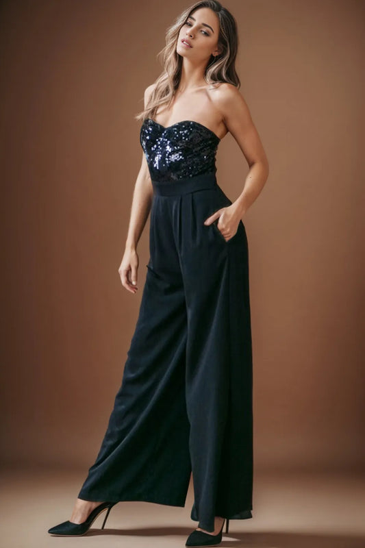 Sequin Tube Wide Leg Jumpsuit Black