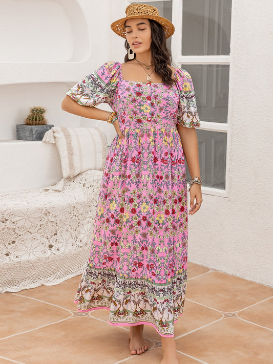 Plus Size Printed Square Neck Ruffle Hem Dress Pink