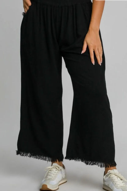 Umgee Full Size Linen Blend Elastic Waistband Wide Leg Pants Plus Size