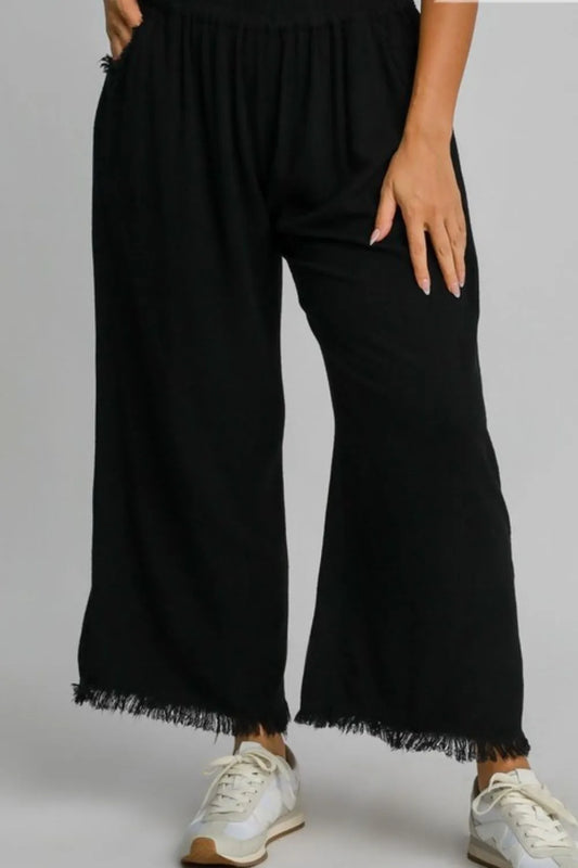 Umgee Full Size Linen Blend Elastic Waistband Wide Leg Pants Plus Size