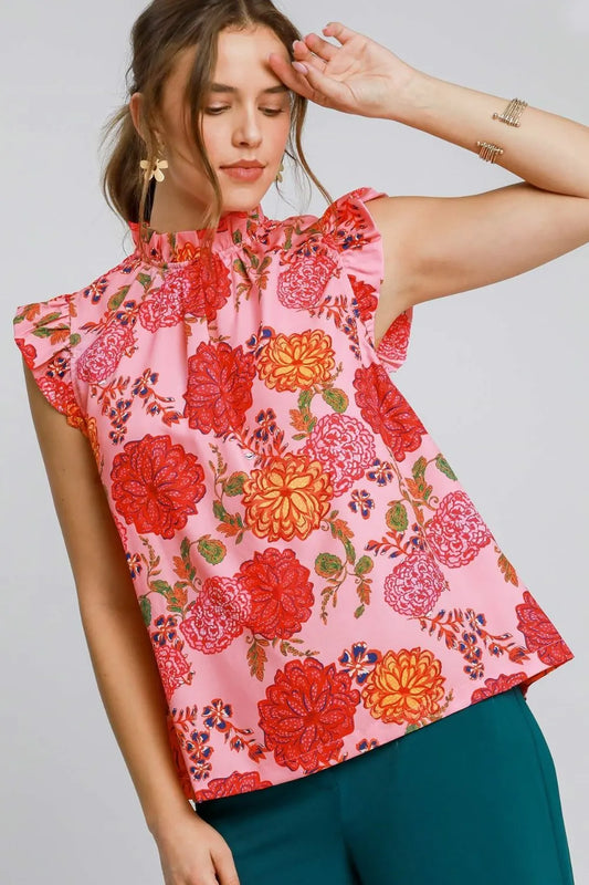 Umgee Full Size Floral Print Ruffled Cap Sleeve Blouse Plus Size