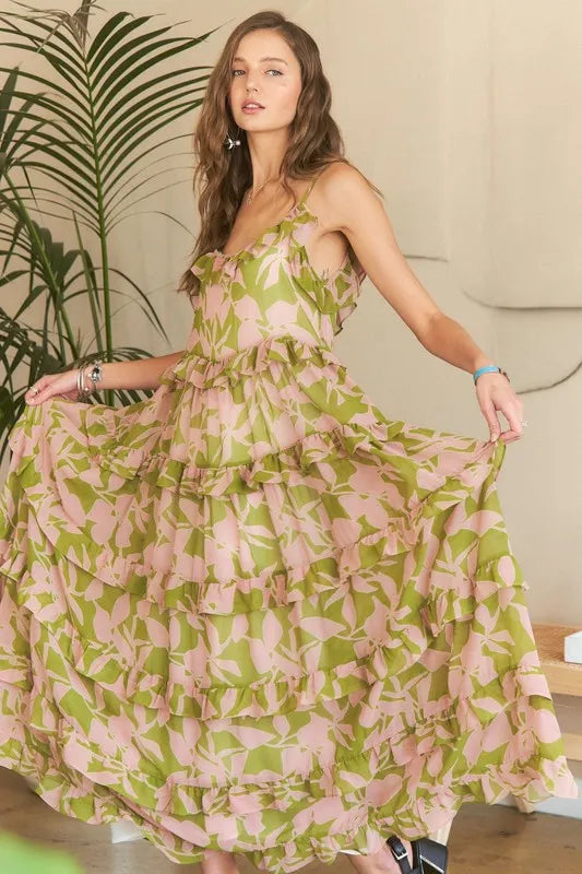 ADORA Ruffled Tiered Scoop Neck Cami Dress MAUVE SAGE COMBO