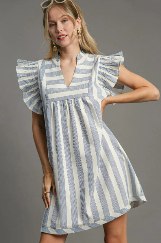 Umgee Full Size Striped Notched Ruffled Cap Sleeve Mini Dress Plus Size Light Blue