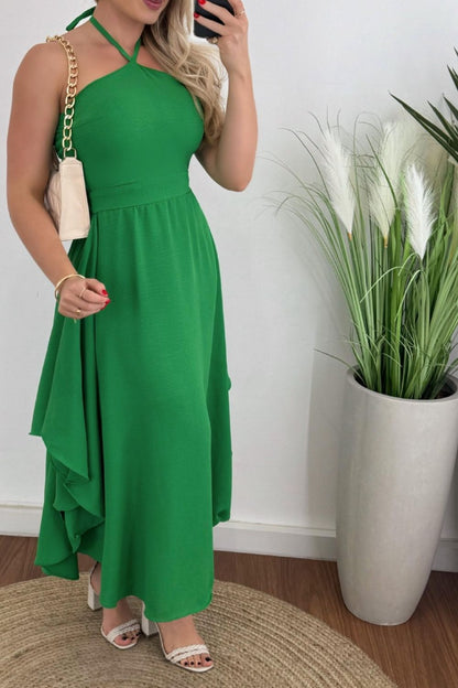 Smocked Printed Halter Neck Dress Dark Green