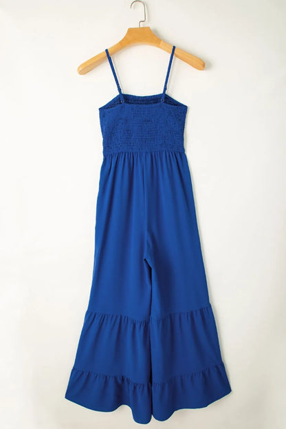 Spaghetti Straps Smocked Ruffled Wide Leg Jumpsuit