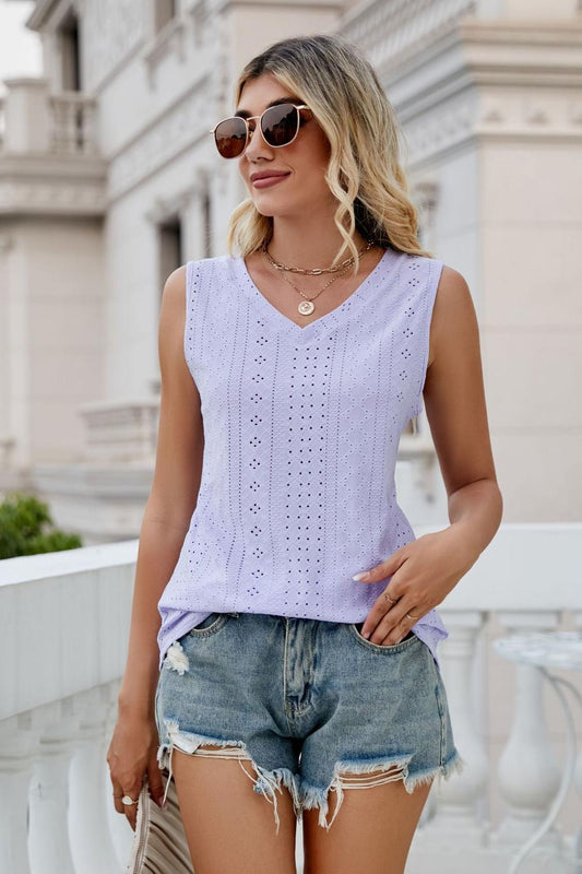 Eyelet V-Neck Tank Lavender