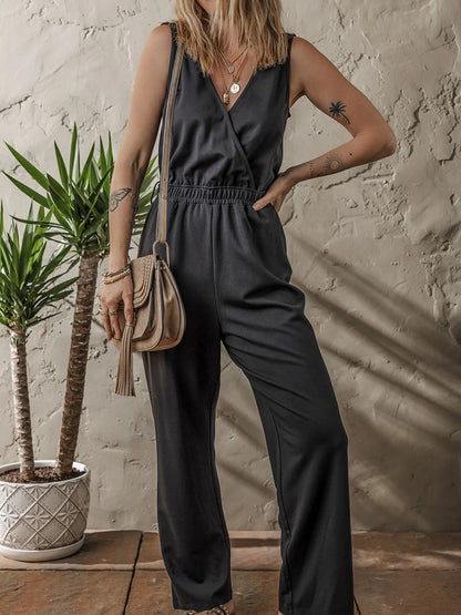 Wrap Surplice Sleeveless High Waist Jumpsuit