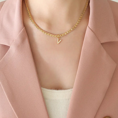 Brass Inlaid Zircon Letter Pendant Necklace Style V One Size
