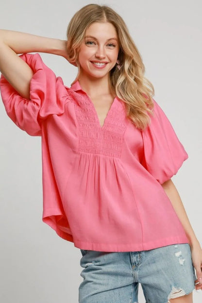 Umgee Smocked Detail Puff Sleeve Blouse Hot Pink