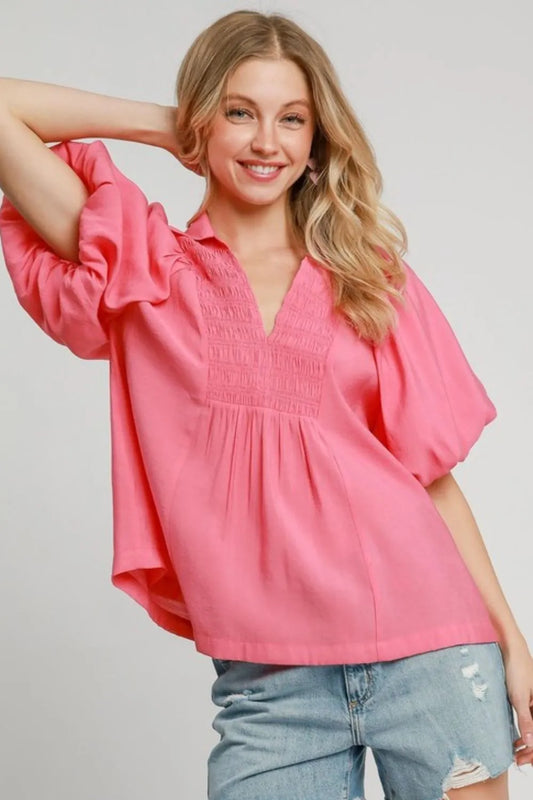 Umgee Smocked Detail Puff Sleeve Blouse Hot Pink