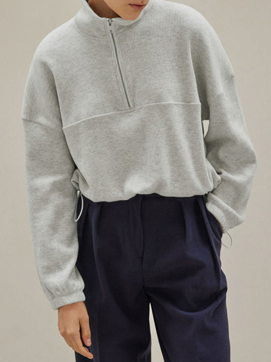 Waffle Knit Drawstring Half Zip Long Sleeve Sweatshirt Light Gray