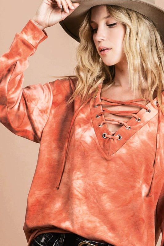 BiBi Lace-Up Tie-Dye French Terry Long Sleeve Top MARSALA