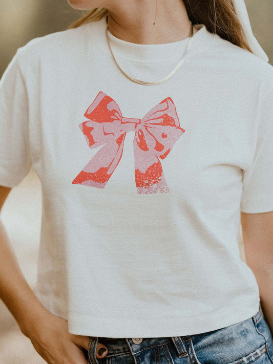 Bow Round Neck Short Sleeve T-Shirt White