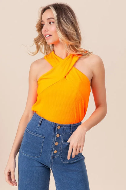 BiBi Rib Knit Cross Neck Banded Top